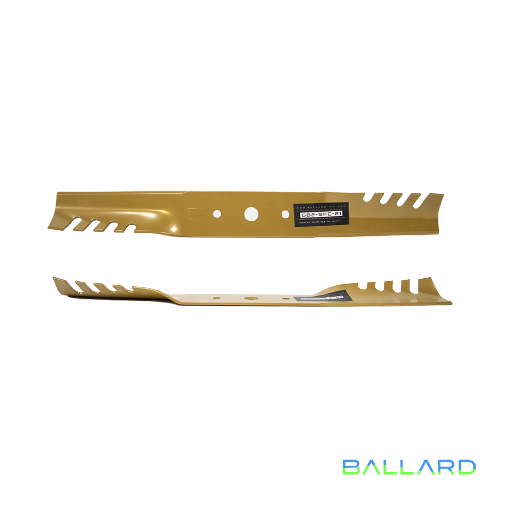 GOLD Hybrid  Mower Blades:  21" Long,  2.5" Wide, 3/4" Center Hole (w/ Guide Holes), Thickness- .140" (One Spindle) image number null